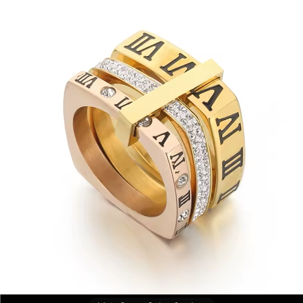 Gold Architectural Ring with Roman Numerals and Gemstones Stainless Steele - Picture 2 of 2